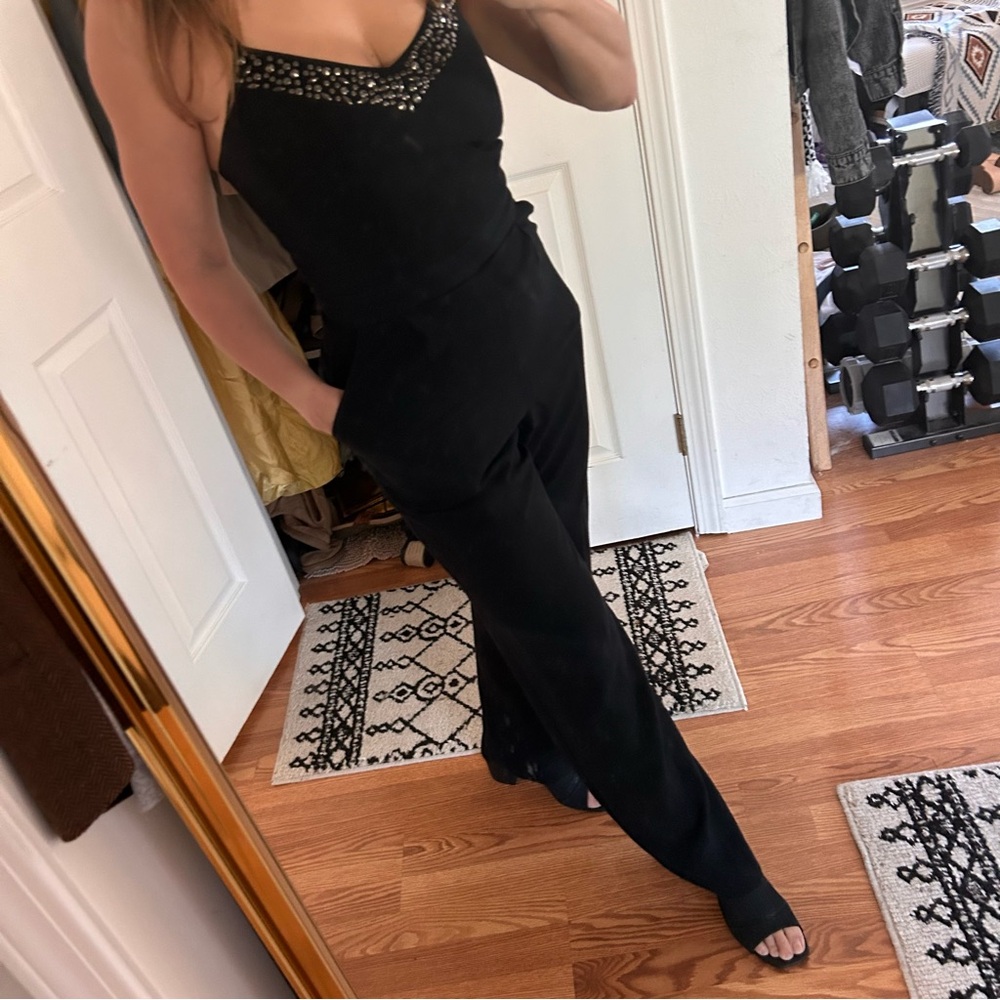 Guess black fitted flare Jumper Onesie pantsuit Jumpsuit tank silver studded 2 - Picture 2 of 11